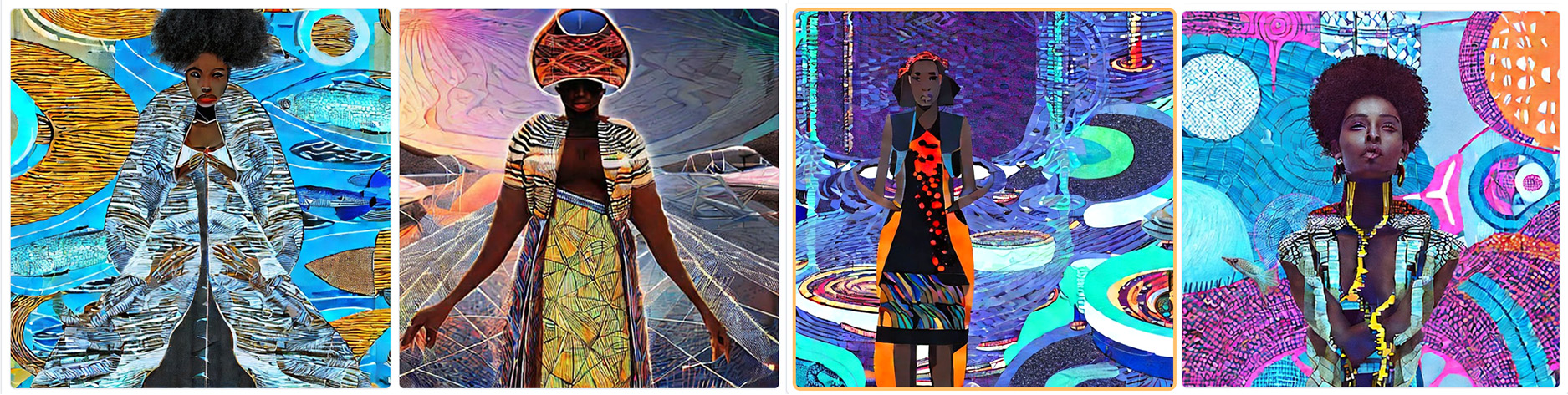 strip of AI generated images with afrofuturistic fashion