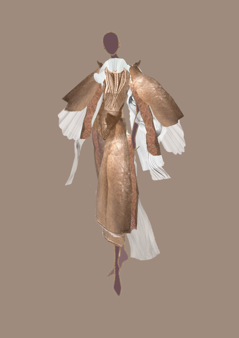 A fashion collage of a garment inspired by a chrysalis. rigid material on top reminding of a shell with looser white material, pleated in white peering through the shell, flowing