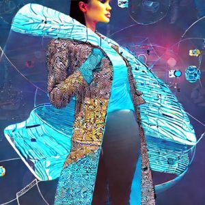 woman-wearing-fish-coat-in-a-futuristic-technological-landscape , image AI generated