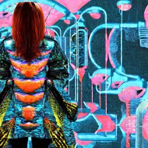 woman-wearing-fish-coat-in-a-futuristic-technological-landscape , image AI generated